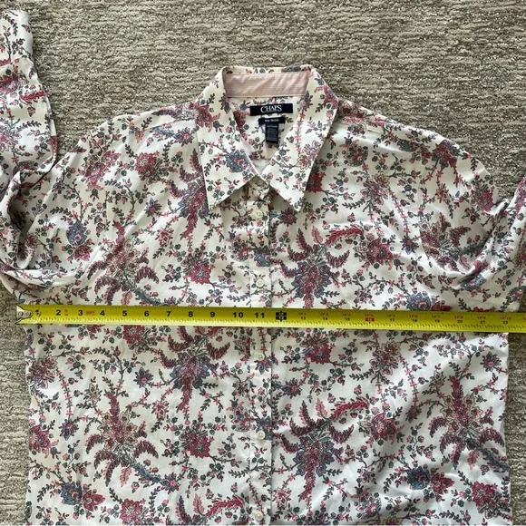 Chaps Womens XL No Iron Button Up Shirt Pink Floral 3/4 Sleeve Blouse Cotton - Picture 5 of 9